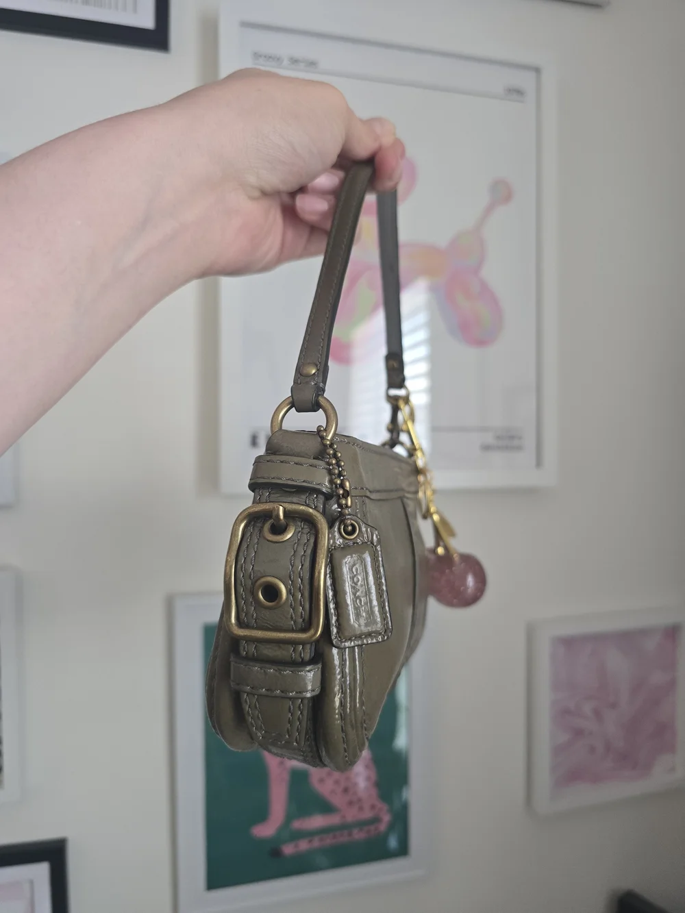 Authentic Coach Zoe Y2K Olive Green Mini Bag W/Cherry Charm